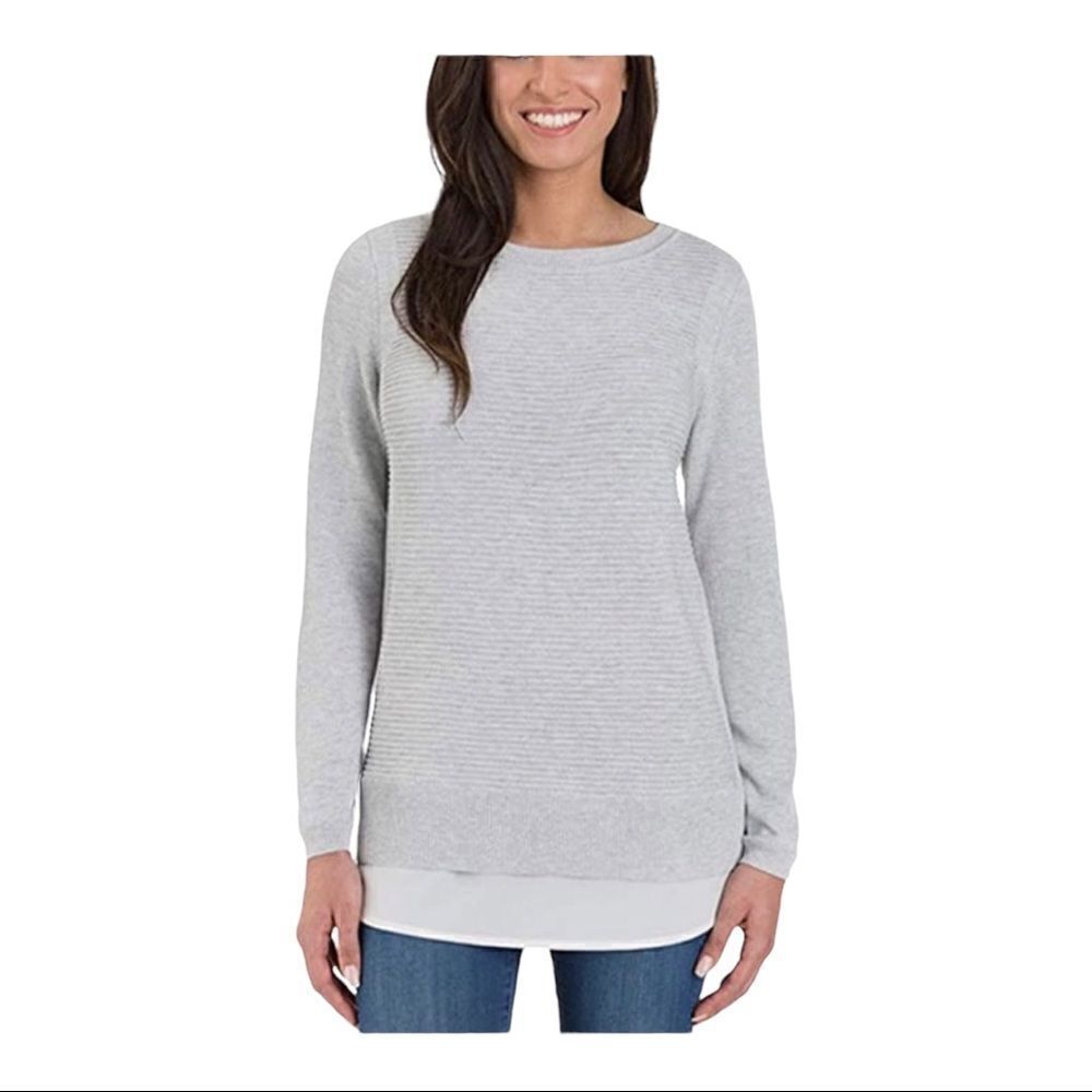Hilary Radley Heather Gray Two-Fer Soft Neutral Preppy Sweater Size Small